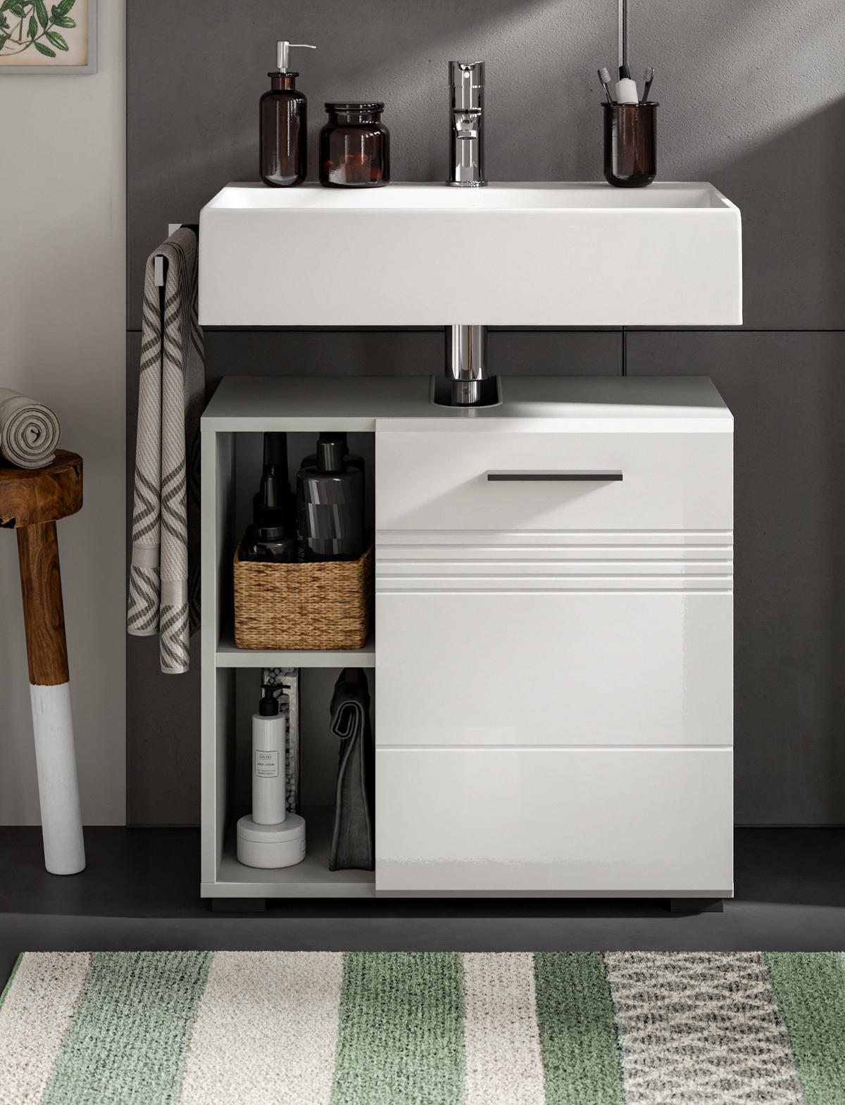 WASCHBECKENUNTERSCHRANK weiß Hochglanz, grau 60 cm, Soft-Close - Weiß Hochglanz/Silberfarben, Holzwerkstoff/Kunststoff (60/56/32cm) - Inn.Furn