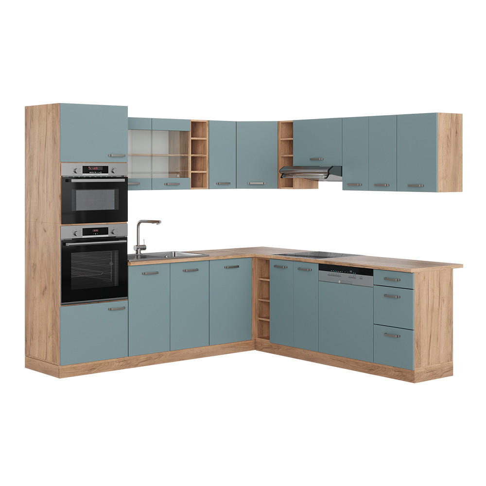 ECKKÜCHE R-Line Blau-Grau/Goldkraft Eiche 237 x 247 cm, AP Eiche - Eiche Wotan/Blaugrau, Holzwerkstoff (247/81.6/60cm) - Vicco