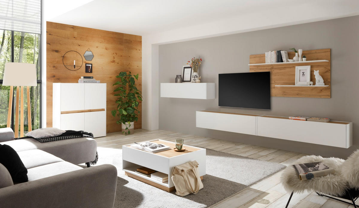 WOHNWAND 3-teilig Center in weiß und Eiche Wotan 300 cm - Eiche Wotan/Weiß, Holz/Holzwerkstoff (300/180/30cm) - Furn.Design