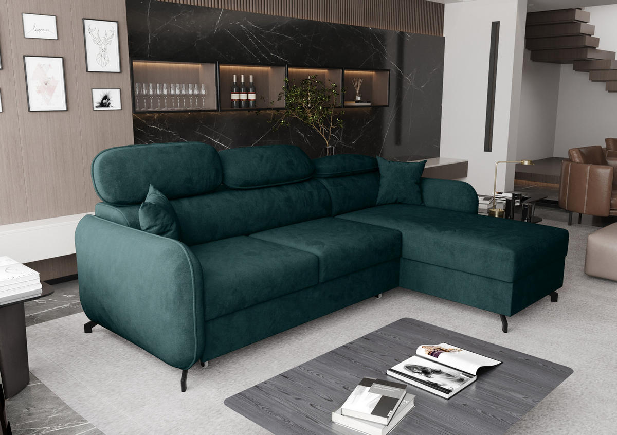 ECKSOFA L Form Ribella 5 Türkis 265/180/100 cm Rechts mit Schlaffunktion - Türkis/Schwarz, Textil/Metall (265/180cm) - AX Living