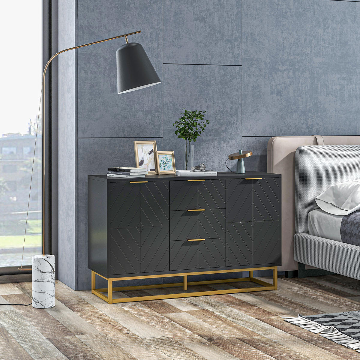 SIDEBOARD Schwarz-Gold, 2 Türen, 3 Schubladen, 120/40/76 cm - Schwarz, Holz (120/76/40cm) - PANGIVO