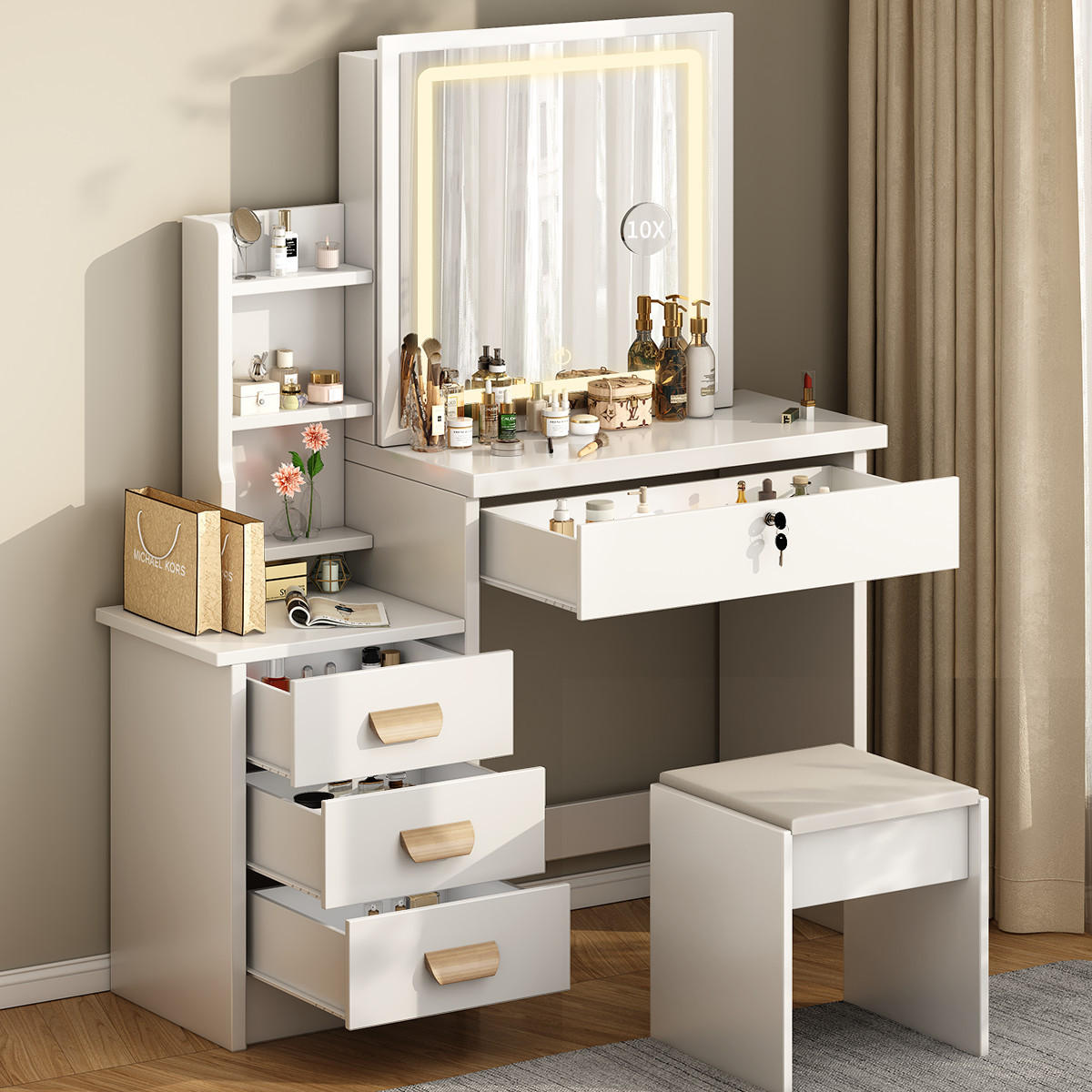 SCHMINKTISCH mit LED-Spiegel und Hocker, 87 L x 36 T x 136 H cm, 3 Beleuchtungsmodi, mit 4 Schubladen und 7 Ablagen, Weiß - Weiß, Holzwerkstoff (36/136/87cm)