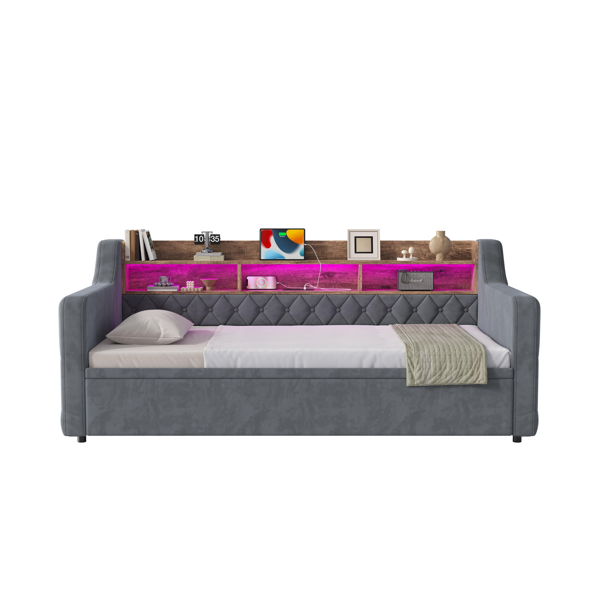 BETT 90/190 cm in Dunkelgrau mit Bett, LED-Beleuchtung und USB-Anschlüssen - Dunkelgrau, Textil (90/190cm) - Flora Grace