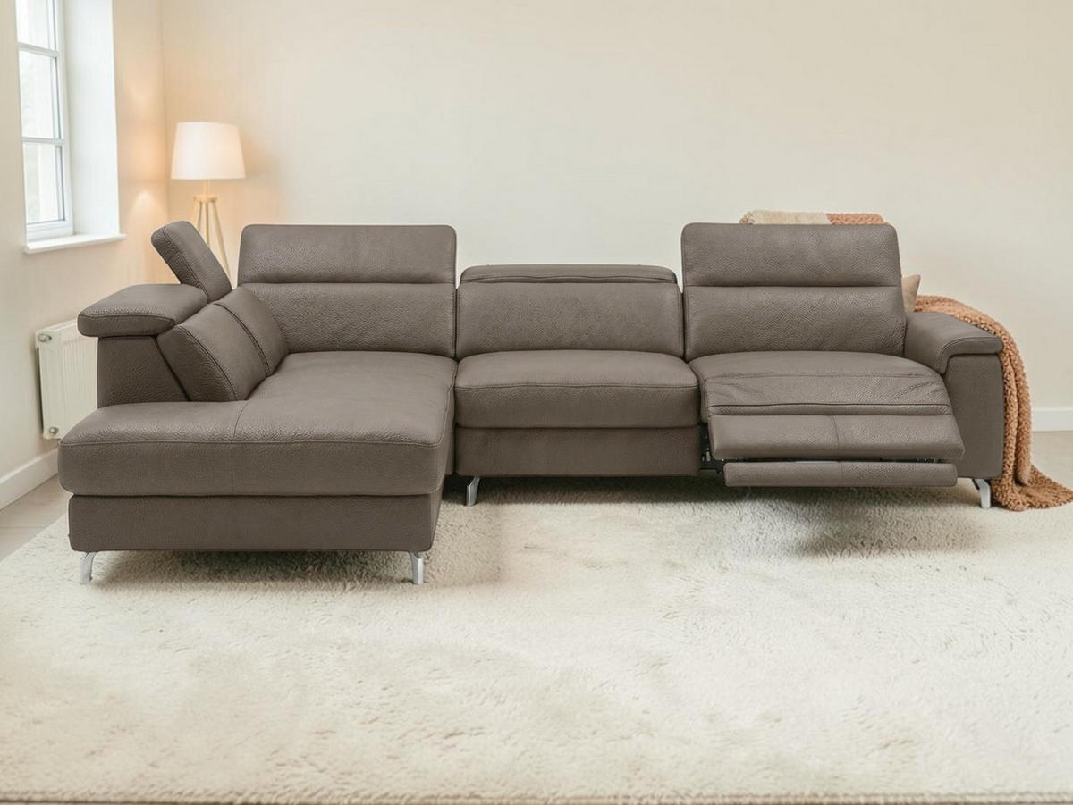 ECKSOFA Ambassador Echtleder mit 1 x Relaxfunktion Greige - Greige, Leder/Metall (224/272cm)