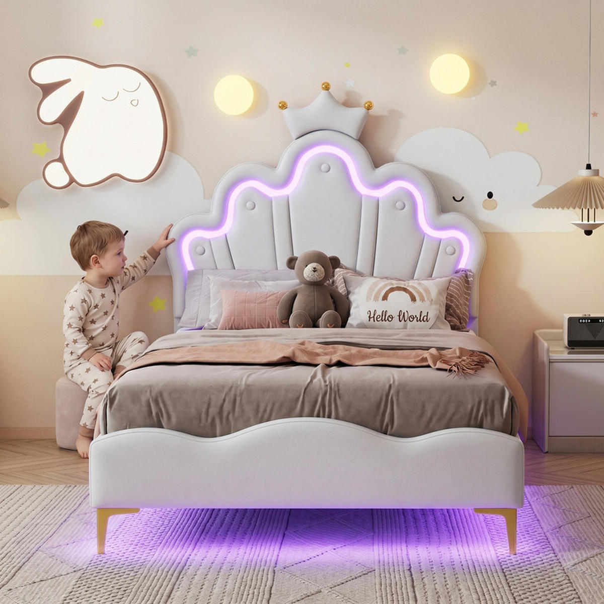 KINDERBETT 90/200 cm weiß mit LED - Weiß, Holz