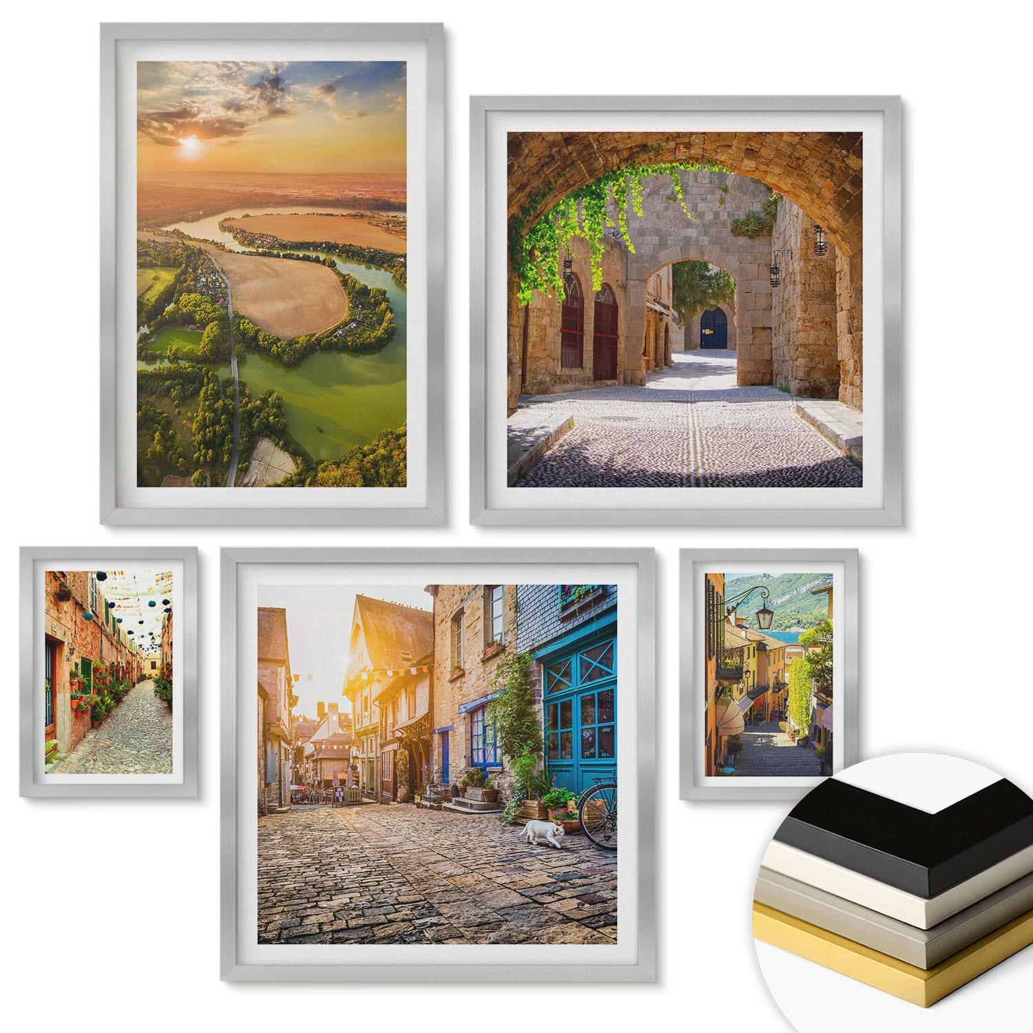WANDBILDER 5er Set - 50x50 cm & 20x30 cm & 40x60 cm Silberner Rahmen - Sommerlandschaften im Boho-Stil - Silberfarben, Kunststoff (40/60cm) - ArtPrintCave