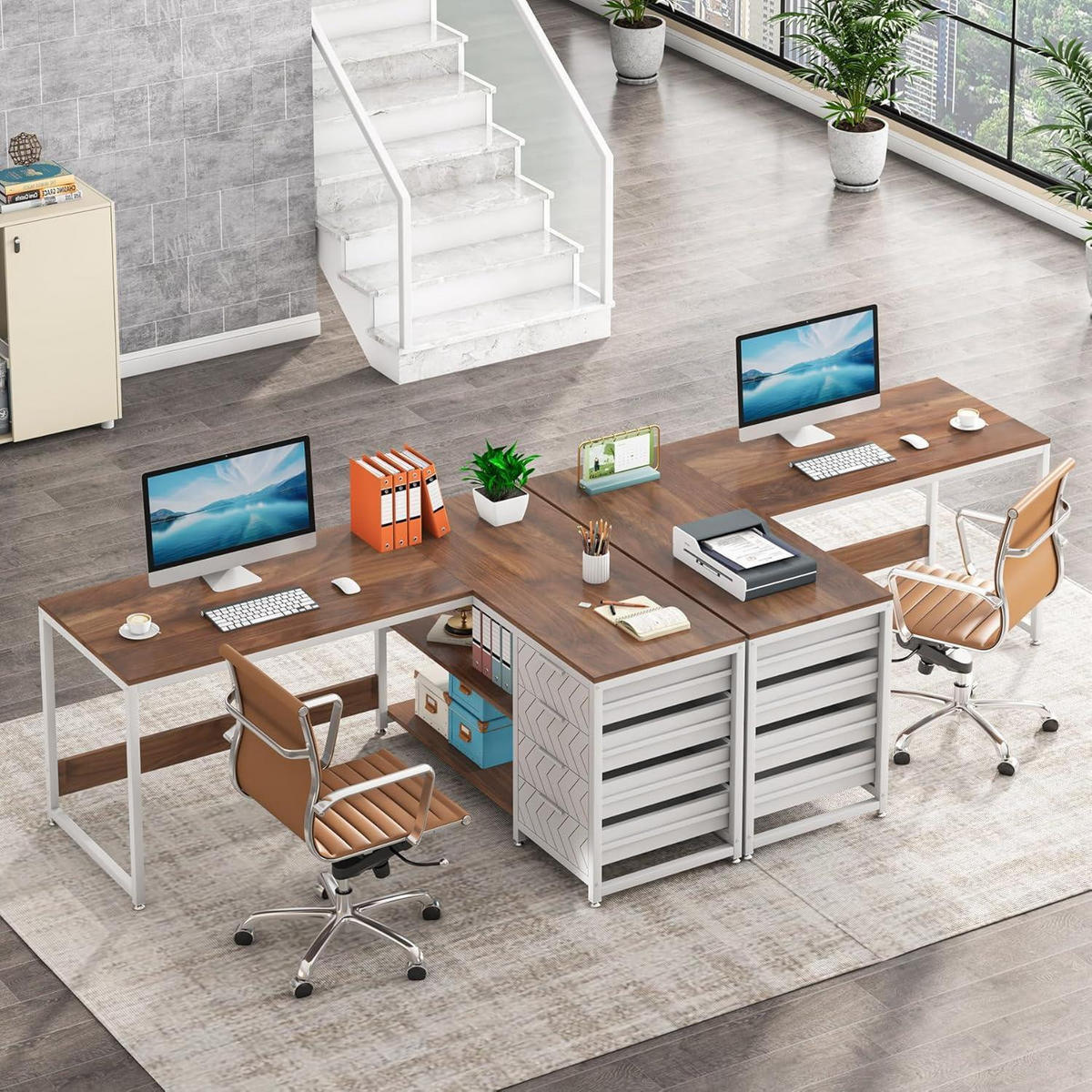 SCHREIBTISCH L-Form mit 4 Schubladen und 2 Ablagen 150 x 110 x 75 cm Walnuss/Weiß - Multicolor, Holzwerkstoff (110/150/75cm)