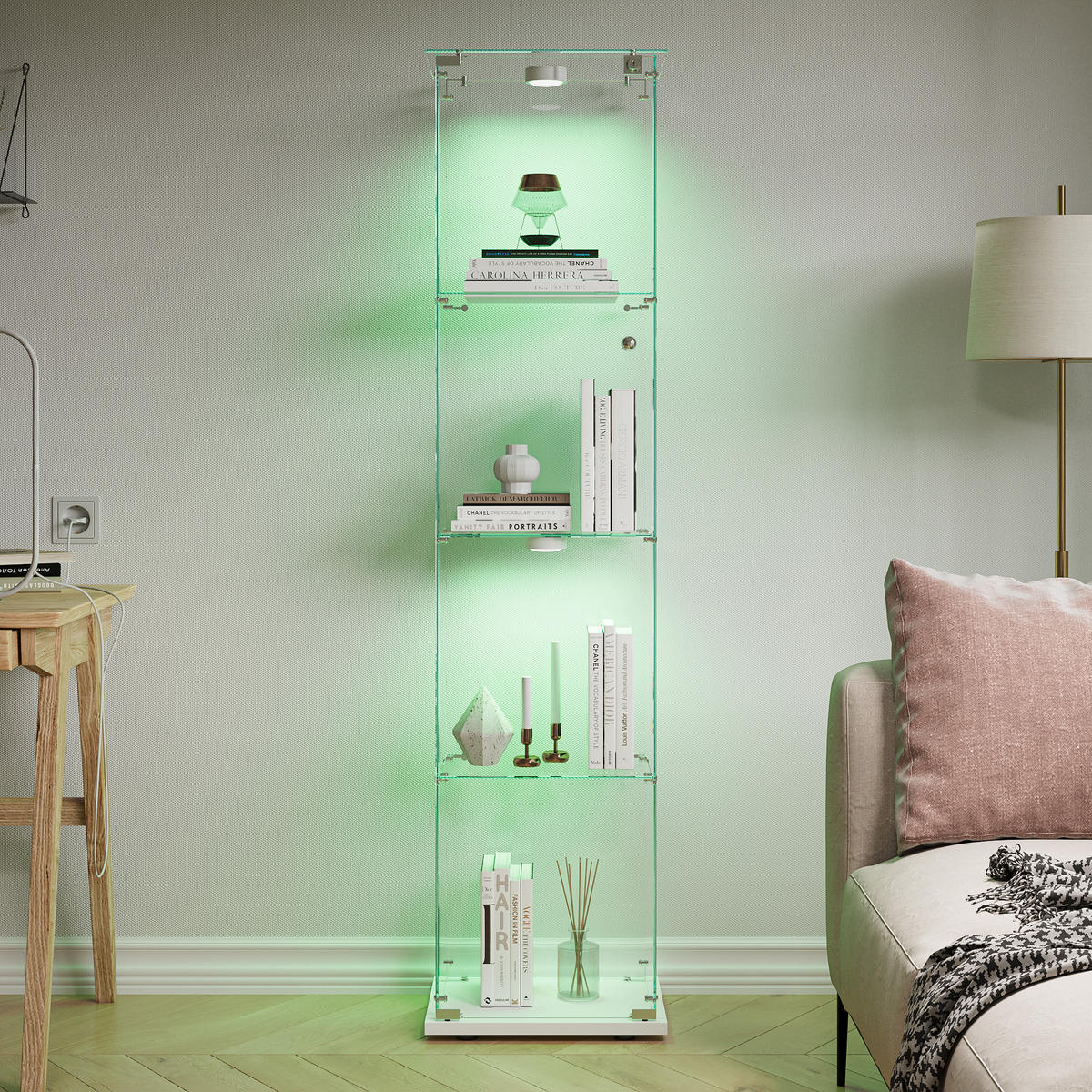 GLASVITRINE 163x40x35 cm Türen Schloss Regalböden LED weiß - Weiß, Holz (39.8/163/35cm) - LEBENLANG