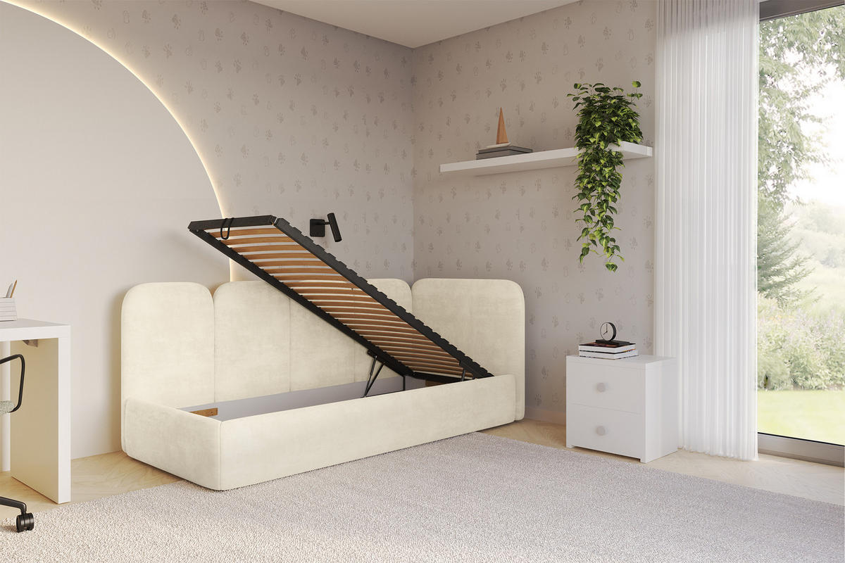 EINZELLBETT Jugendbett mit Bettkasten, Links - VELY 90x200 Beige - Beige, Holzwerkstoff/Textil (90/200cm) - ALTDECOR