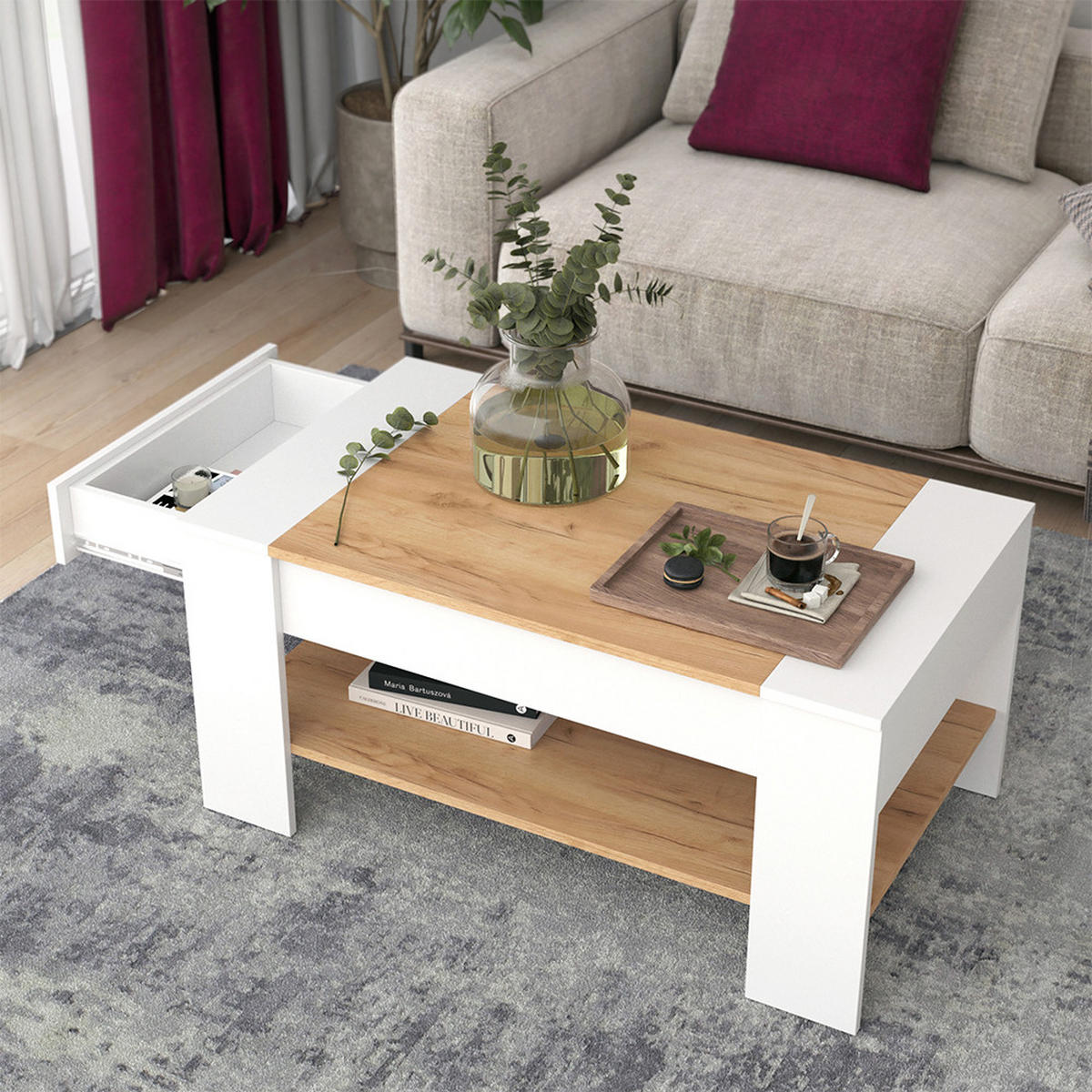COUCHTISCH August Goldkraft Eiche/Weiß 99.6 x 58.8 cm mit Schublade - Eiche Wotan/Weiß, Holzwerkstoff (58.8/99.6/48.2cm) - Vicco