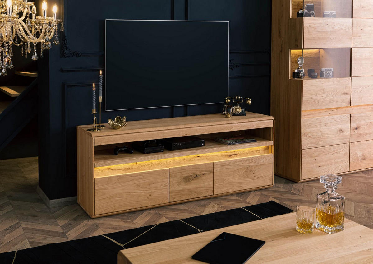 TV-BOARD Wildeiche inkl. LED 165x43,5x63 natur geölt CARDIFF #140 - Naturfarben, Holz (165/63/44cm) - Massivmoebel24