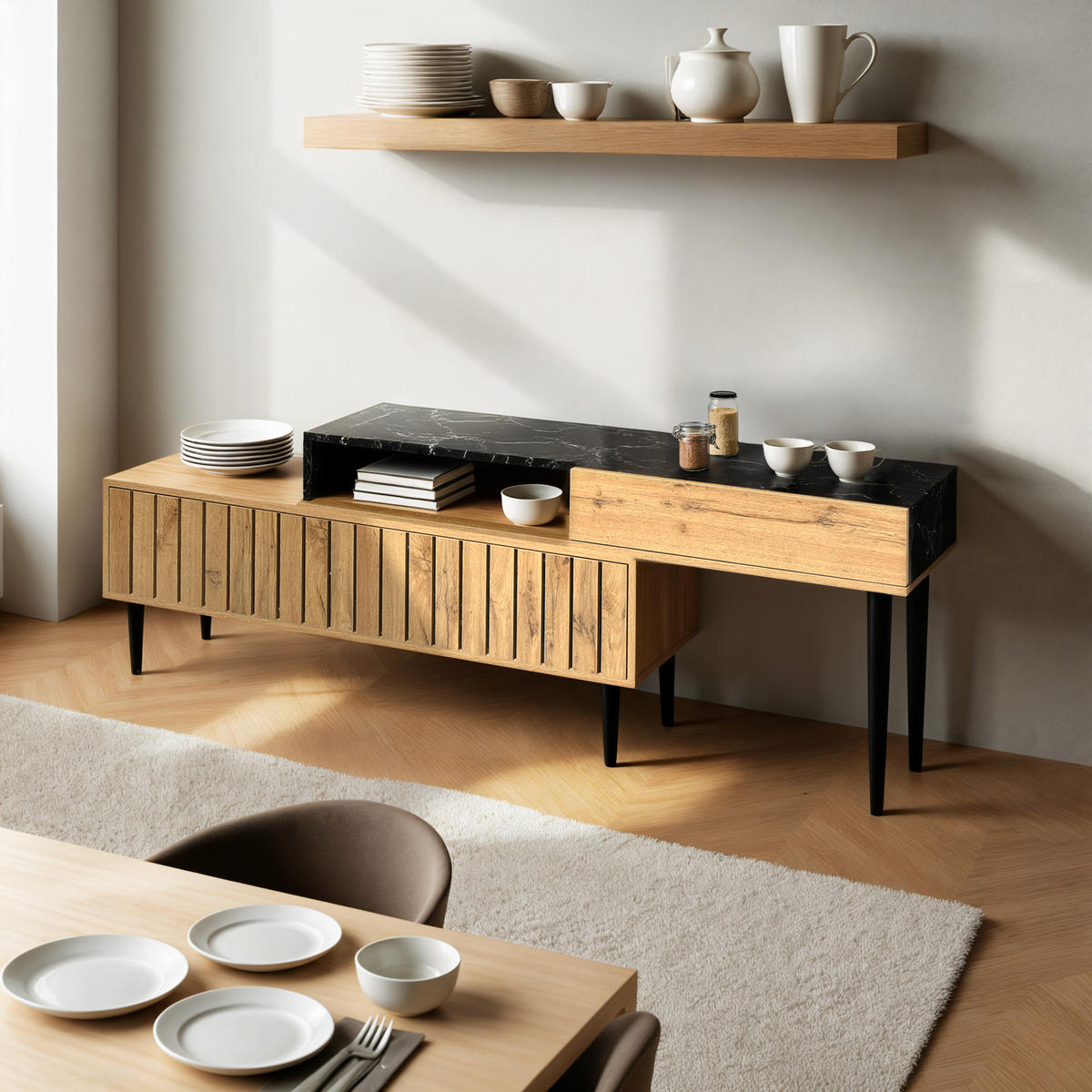 SIDEBOARD mit schwarzem Marmor-Effekt, 3 Schubladen - Braun, Holzwerkstoff (200/58/26.5cm) - Urban Meuble