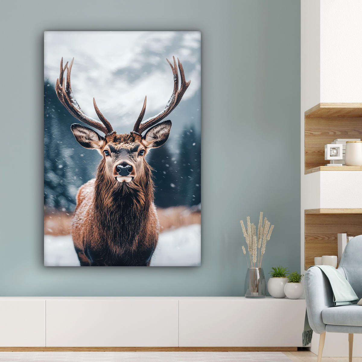 LEINWANDBILD Hirsche - Tiere - Landschaft - Winter - Schnee 90x140 cm - Kastanienfarben, Textil (90/140cm) - MuchoWow