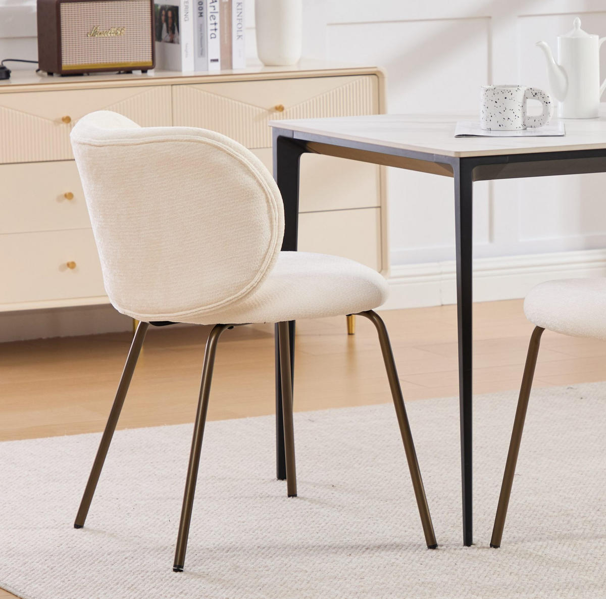ESSZIMMERSTUHL mit gebogener Rückenlehne Chenille Creme Metallbeine - Beige, Metall (46.5/80/52cm) - Meubliv