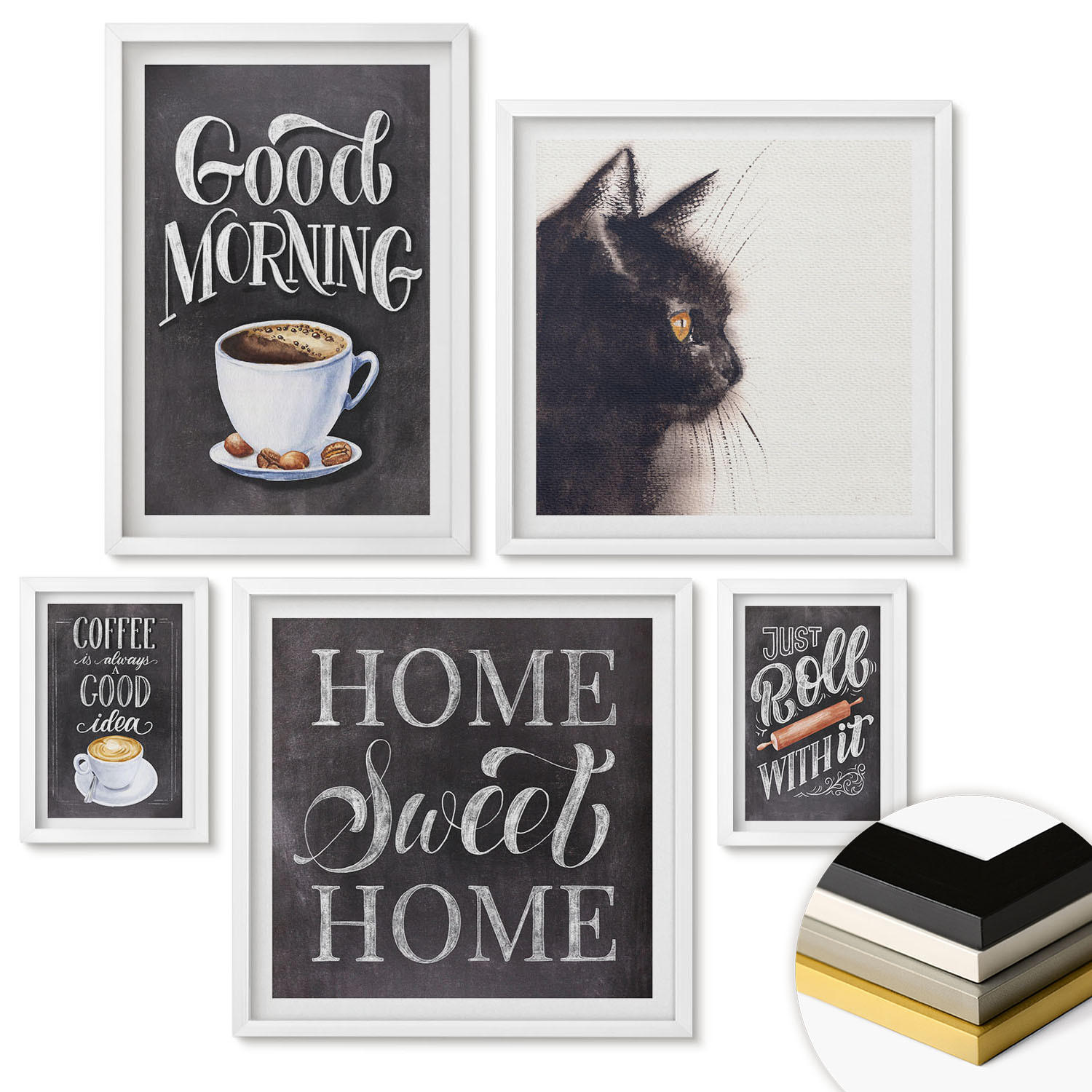 WANDBILDER 5er-Set - 50x50 cm & 20x30 cm & 40x60 cm Weißer Rahmen - Hausküchenthemen Katze - Weiß, Kunststoff (40/60cm) - ArtPrintCave