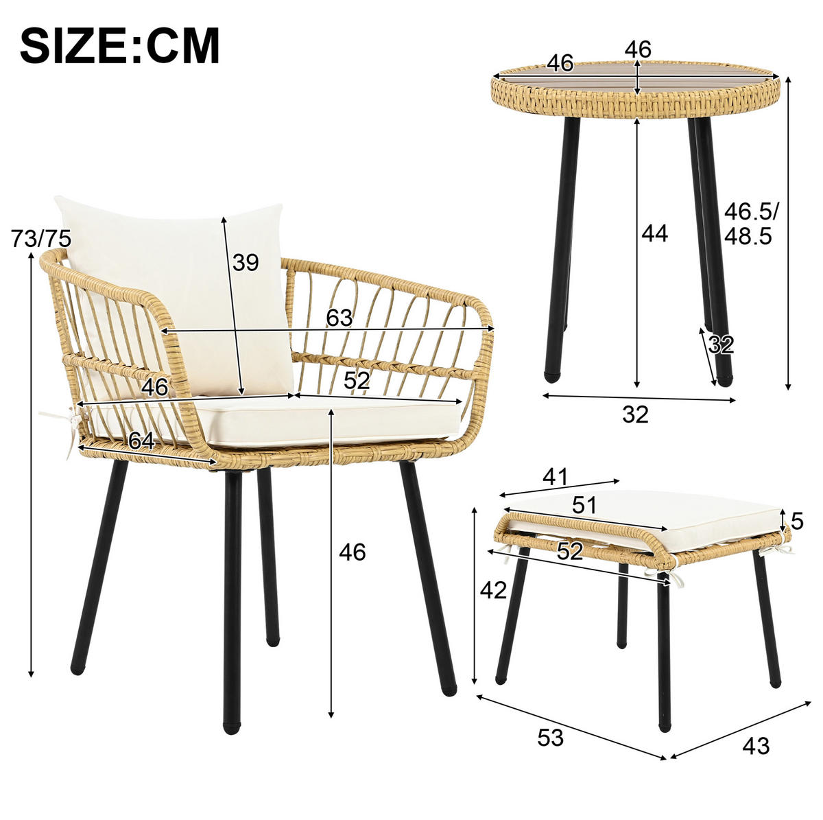 GARTENSETS aus Rattan Natur mit Sitzkissen & verzinktem Eisenrahmen - Naturfarben, Metall - Modfu