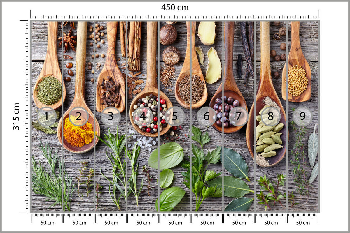 FOTOTAPETE für Küche Kräuter Gewürze Holzlöffel Tisch 450x315 - Gelb/Beige, Papier (450/315cm) - Muralo