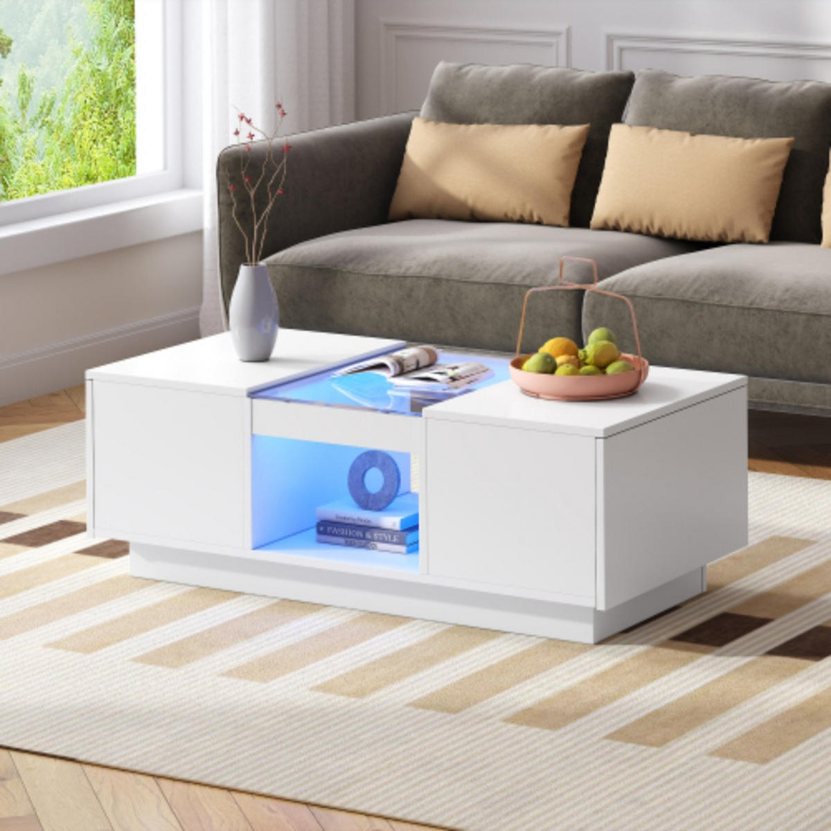 COUCHTISCH 100/50/35,5 cm weiß mit Glasverkleidung LED-Beleuchtung App-Steuerung 2 Schubladen - Weiß, Holzwerkstoff (100/50/35.5cm) - OKWISH