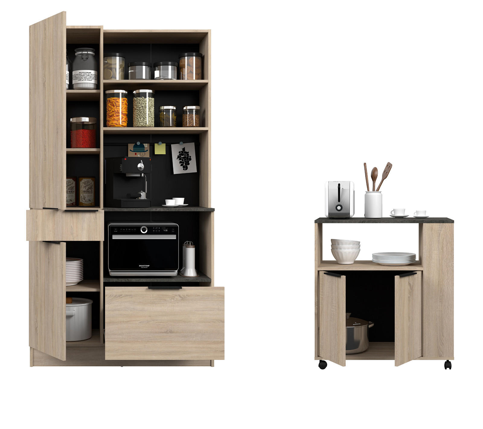 GESCHIRRSCHRANK Set 2-tlg Eiche, grau mit Buffet und Mehrzweckschrank - Eichefarben/Multicolor, Holzwerkstoff/Metall (175/184/45cm) - Parisot Meuble