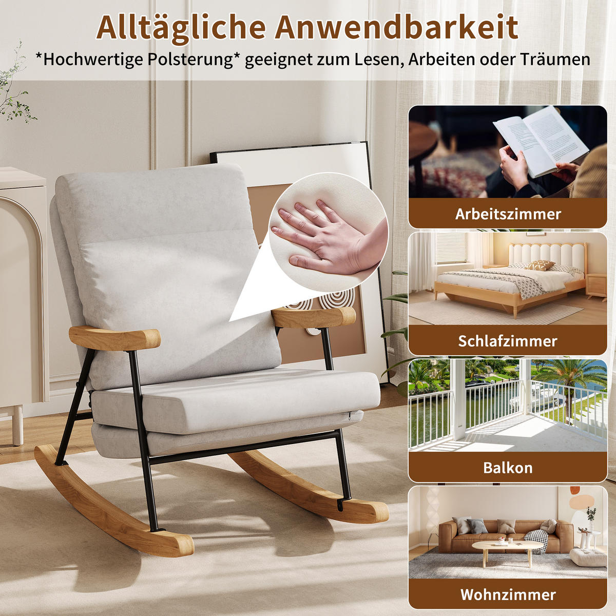 SCHAUKELSTUHL Grau aus Leinen, Polsterstuhl mit Metallgestell, 97 x 64 x 94 cm - Grau, Holz/Textil (64/94/97cm) - PARAFTA HOME