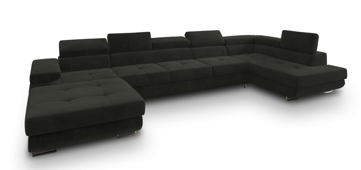 WOHNLANDSCHAFT TORIVA R-S Schwarz Velours-Stoff mit Schlaffunktion - Schwarz, Holz (418/90/202cm) - MASSENO