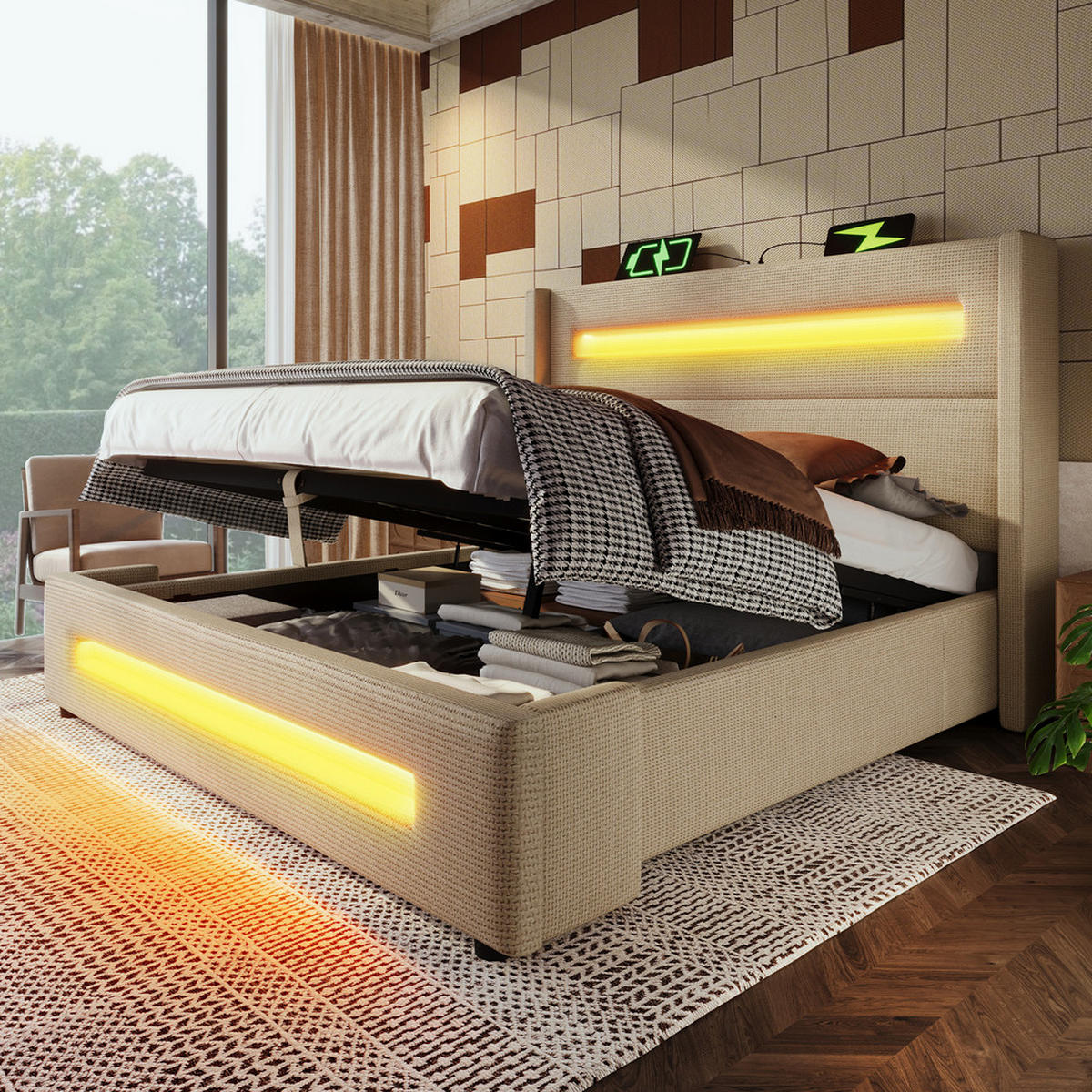 BETT 160x200cm Doppelbett Stauraum LED USB-C Metallrahmen Leinen Beige - Beige, Holz (160/200cm) - FLIEKS