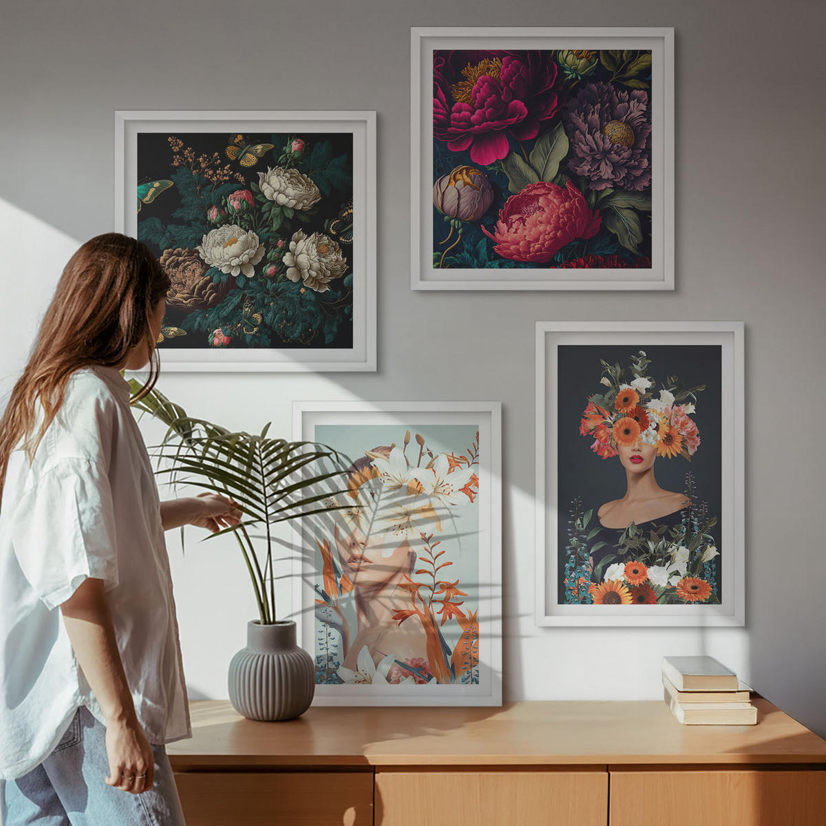 BILDER SET 4er Set - 50x50 cm & 40x60 cm Weißer Rahmen - Blumenporträts, Sträuße, Blätter - Weiß, Kunststoff (50/50cm) - TULUP