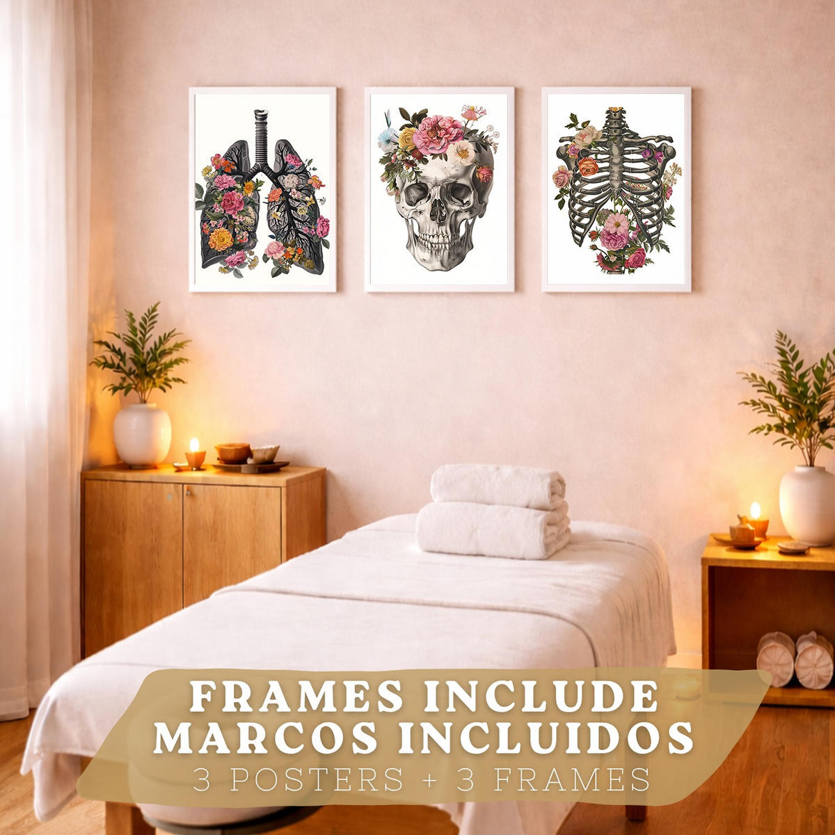 POSTER Set aus 3 Anatomie Mensch Drucke und mit Lungen Luftröhre Bronchien Rippen Wirbelsäule und Schädel Modernes Florales Größe Weißer Rahmen A3 - Weiß, Papier (29.7/42/3cm) - Nacnic