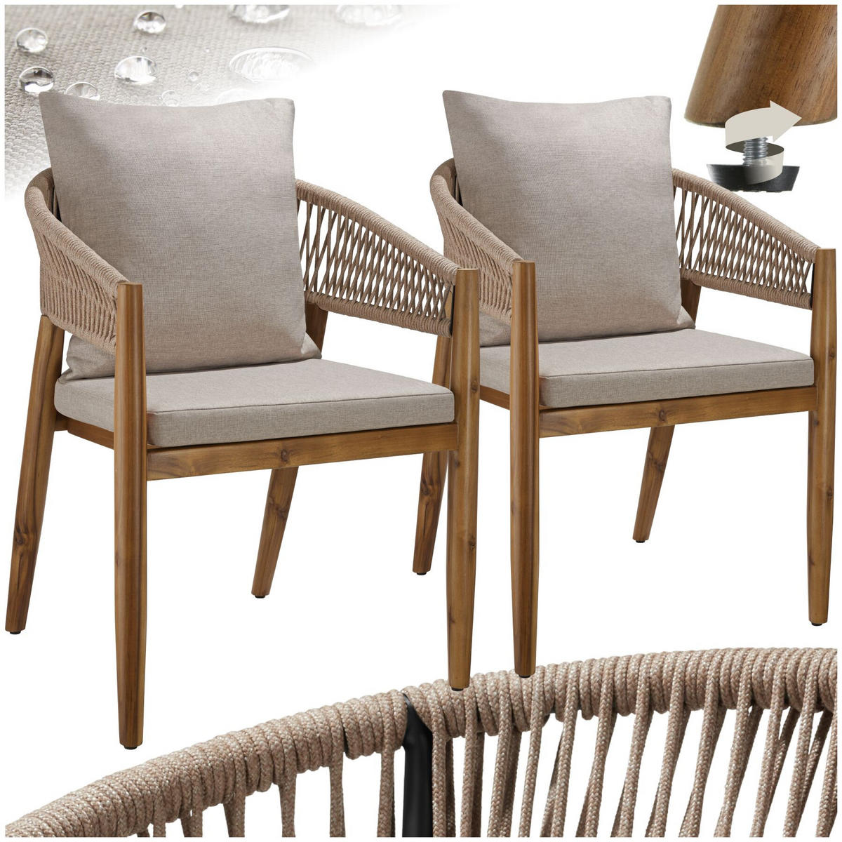 GARTENSTUHL Manacor, höhenverstellbare Kunststofffüße, Sand - Sandfarben/Braun, Holz (59/76.5/58cm) - tectake