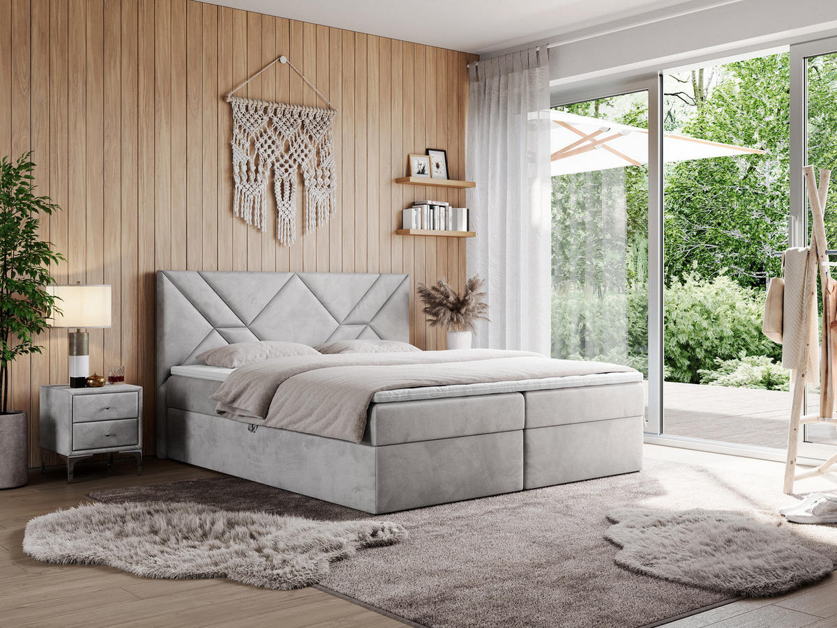 BOXBETT NEOMI 120/200 - Hellgrau Velvet - H3 - Visco - Hellgrau, Holz/Textil (120/200cm)