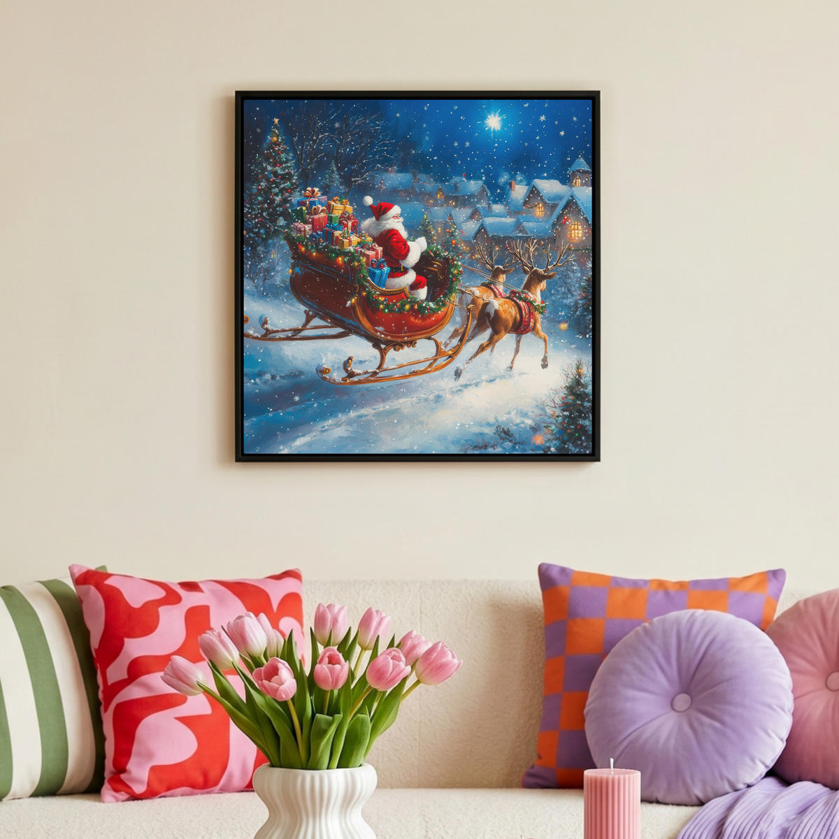 LEINWAND Bilder mit Rahmen - Weihnachtsmann - Rentier - Weihnachten - Schnee - 50x50 - Cognac, Textil (50/50cm) - MuchoWow