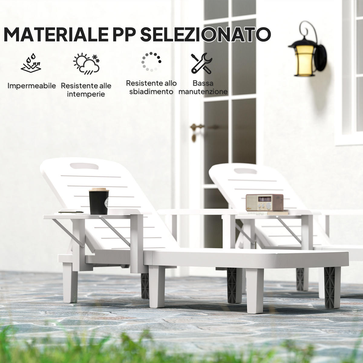 SONNENLIEGE Set aus 2 verstellbaren Gartenliegen mit Couchtisch und Armlehnen aus Polypropylen 79 x 158 x 88 cm ,Weiß - Weiß, Kunststoff (79/88/158cm) - Vallsero