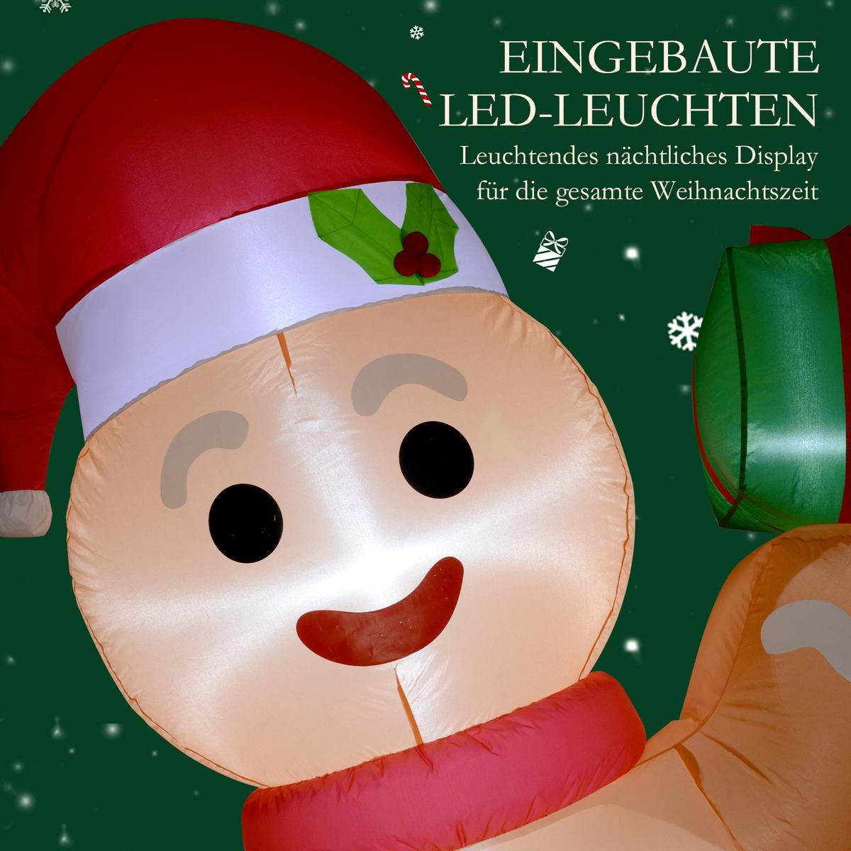AUFBLASBARE Weihnachtsdeko 2,45 m Lebkuchenmann mit Zuckerstange, 6 LEDs - Orange, Kunststoff (100/245/170cm) - Outsunny