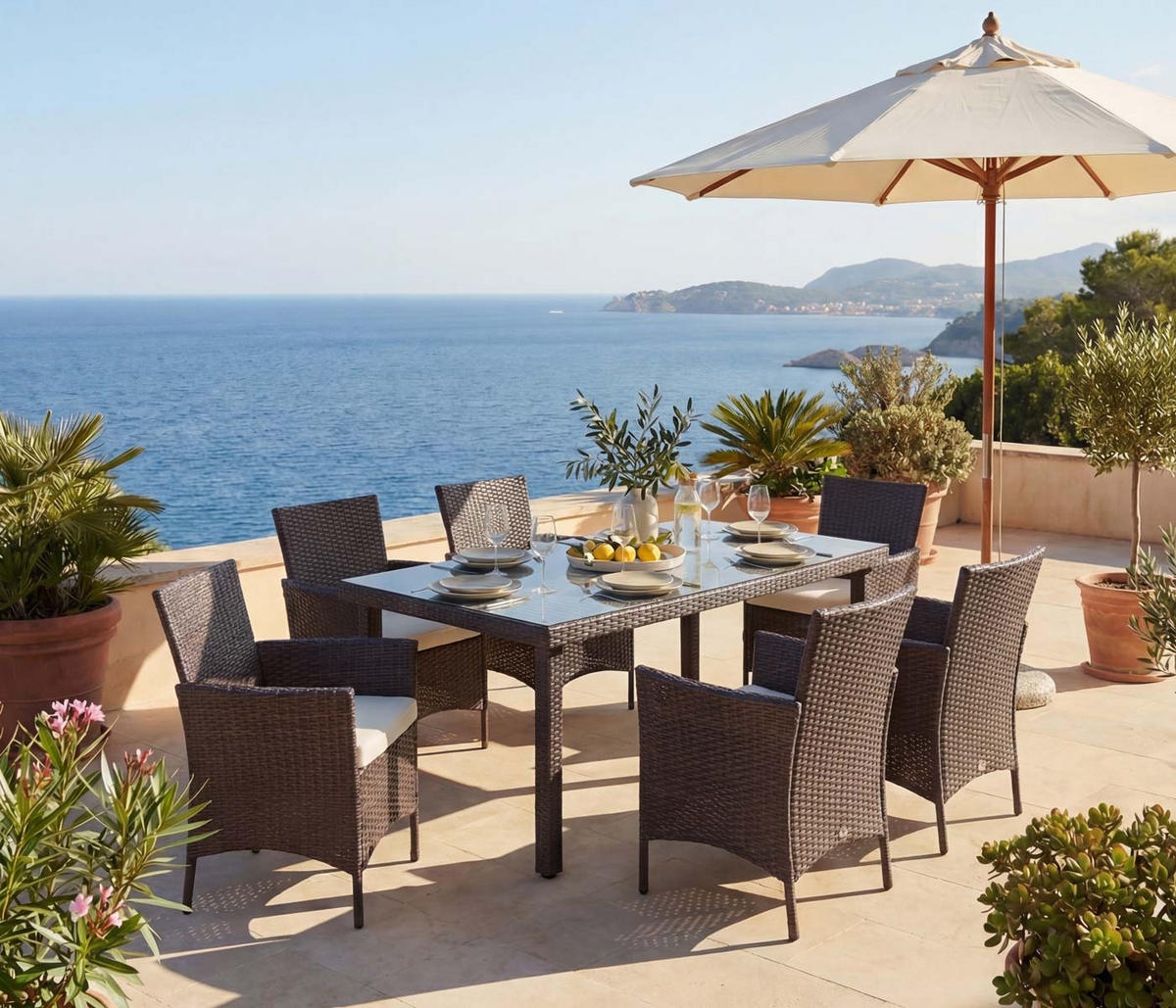 POLY-RATTAN-GARNITUR Braun, Cremeweiß - Braun/Weiß, Kunststoff - MCW