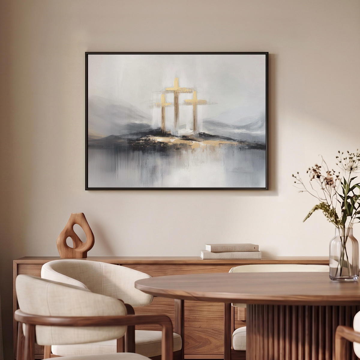 LEINWAND Bilder mit Rahmen - Abstrakt - Malerei - Christentum - Kreuz - 80x60 - Weiß, Textil (80/60cm) - MuchoWow