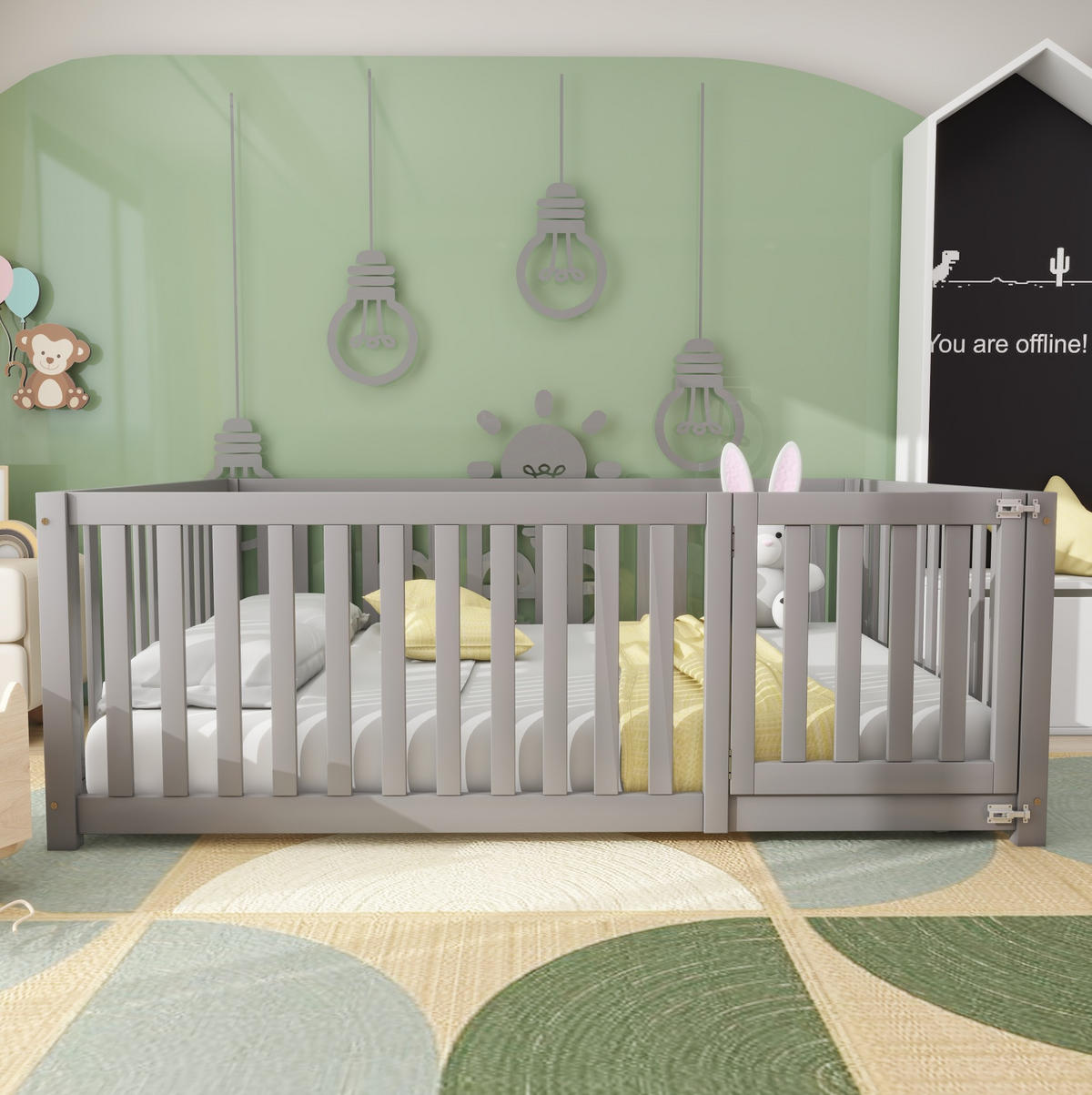 BODENBETT 140/200 cm grau mit Tür und Zaun aus Massivholz - Grau, Holz (140/200cm) - OKWISH