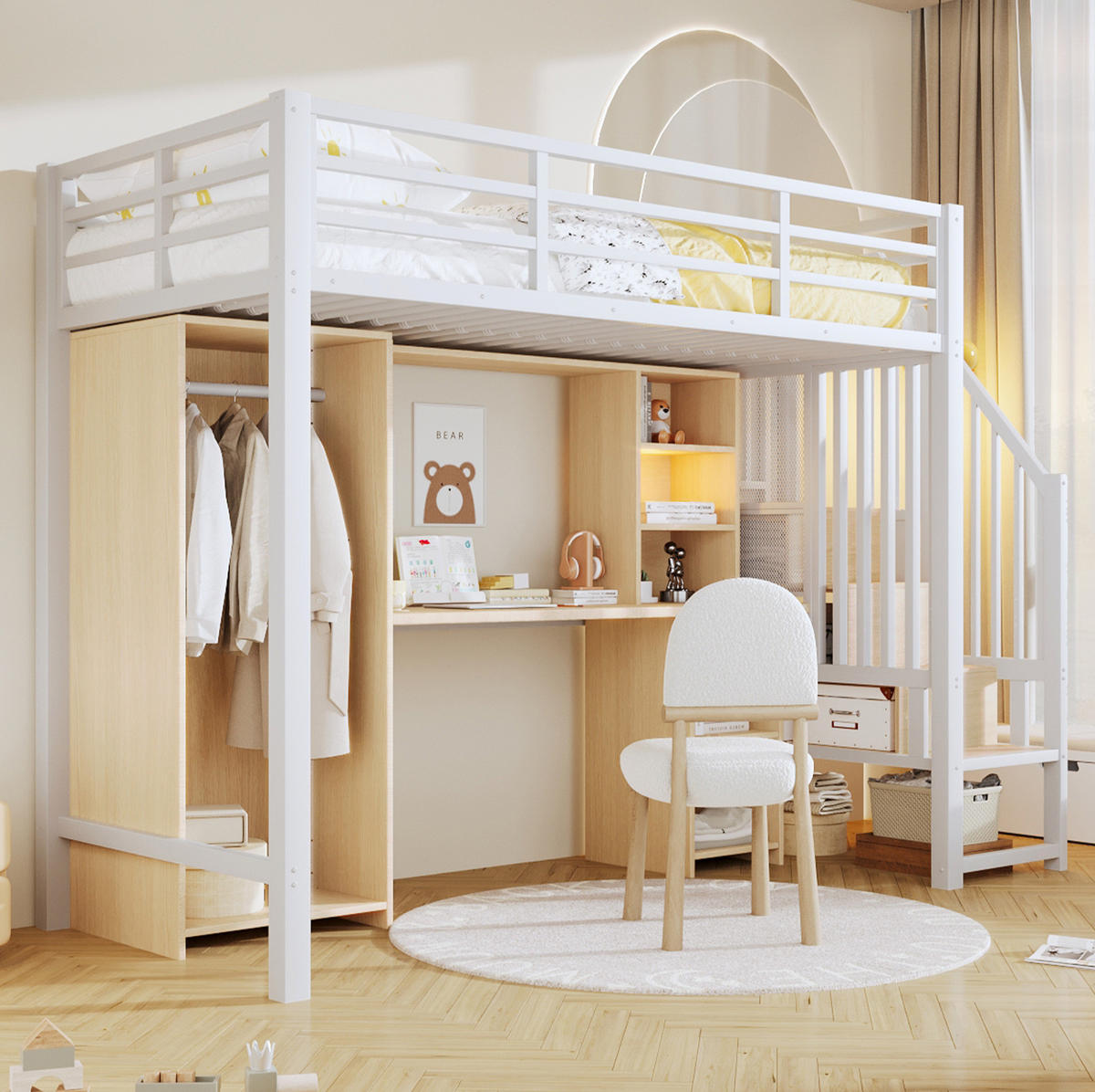 HOCHBETT 90/200 cm mit Kleiderschrank, Schreibtisch und Stauraum aus Metall und MDF, Weiß - Weiß, Metall (90/200cm) - Redom
