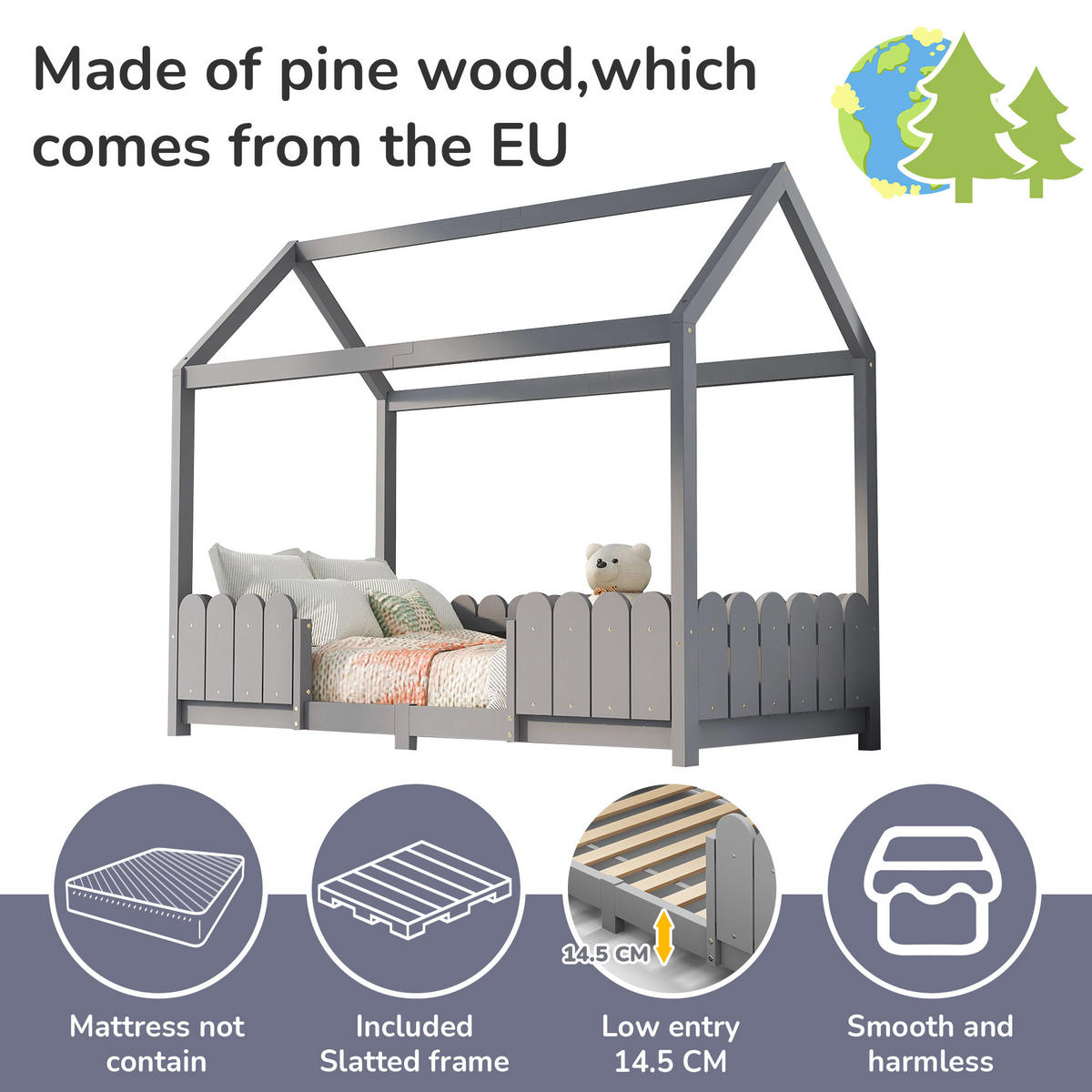 HAUSBETT 90/200 cm Grau - Grau, Holz - Raumix