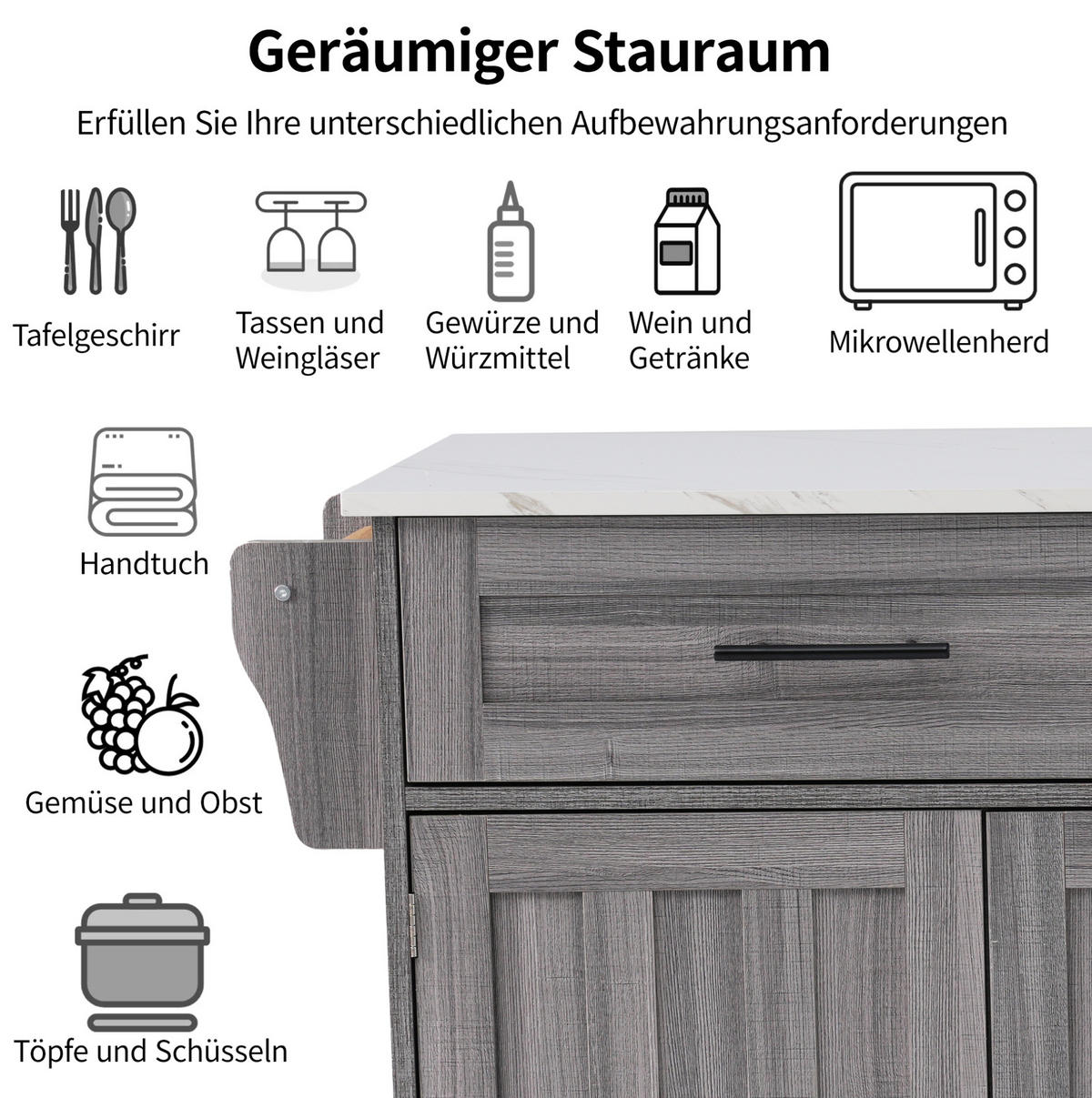 KÜCHENINSEL 129/46(71)/91,5(95) cm mit klappbarer Platte, Stauraum und Rollen, Grau/Weiß - Grau, Holzwerkstoff (129/91.5/46cm) - Redom