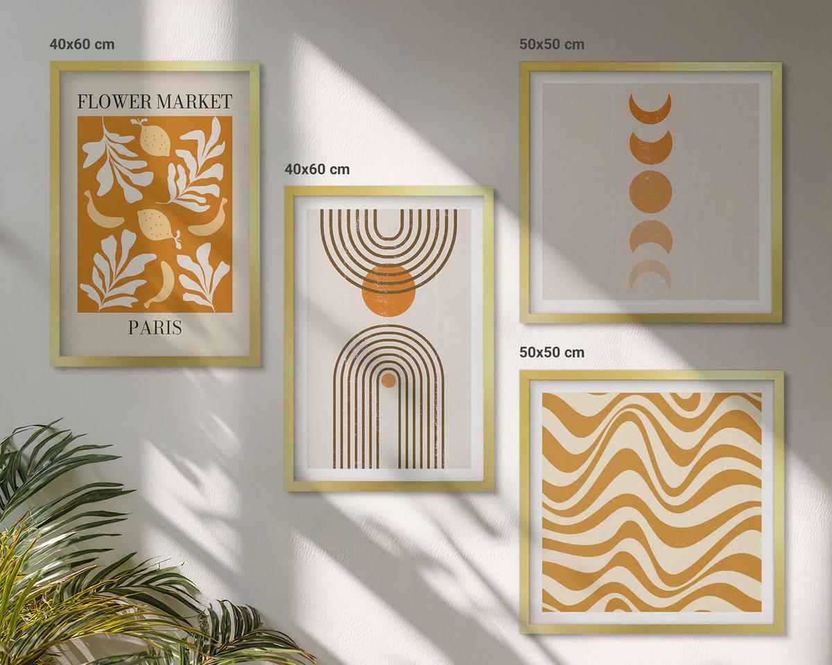 WANDBILDER 4er Set - 50x50 cm & 40x60 cm Goldrahmen - Geometrische Pflanzenmuster - Goldfarben, Kunststoff (50/50cm) - ArtPrintCave