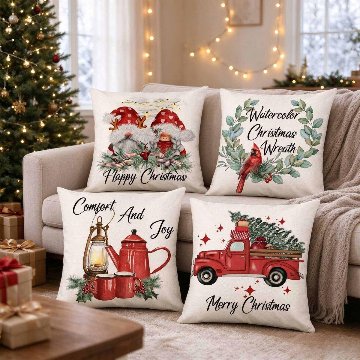 KISSENBEZUG – Weihnachtskissenbezug (Kissenfüllung nicht enthalten) – 45 x 45 cm – Multicolor(vier Stück) - Multicolor, Textil (45/45cm)