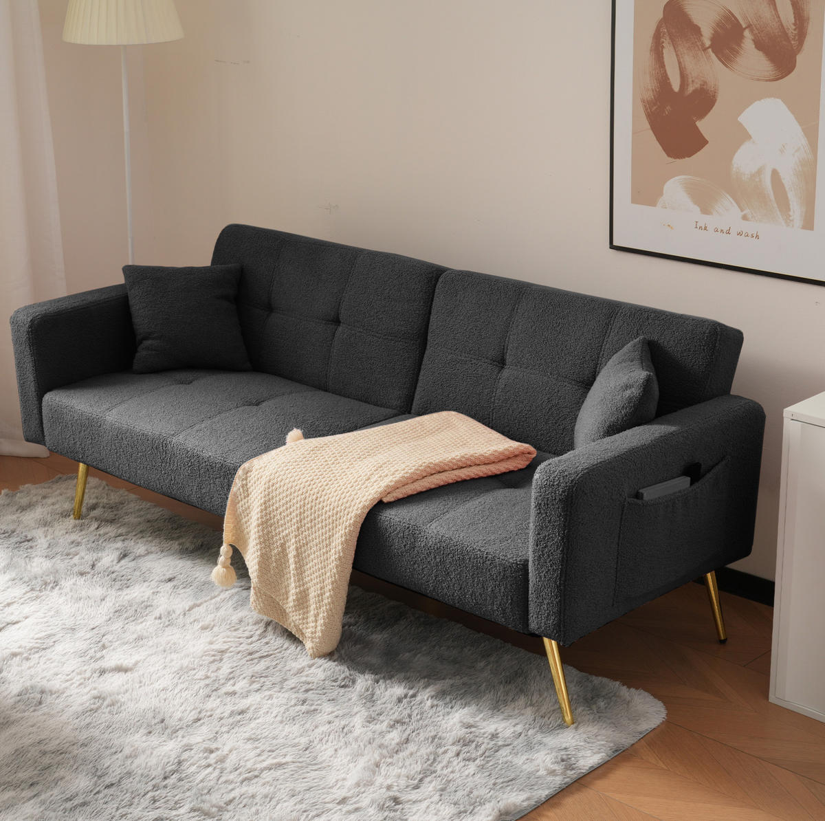 ROZKLÁDACÍ pohovka 175/64/72 cm tmavě šedá ze šerpy a pěny s nastavitelnou opěrkou a kapsami - tmavě šedá, plast (175/72/64cm) - OKWISH