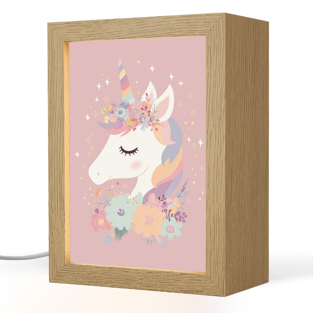 NACHTTISCHLAMPE Einhorn - Rosa - Blumen 15x20 cm - Rosa, Holzwerkstoff (8/15/20cm)