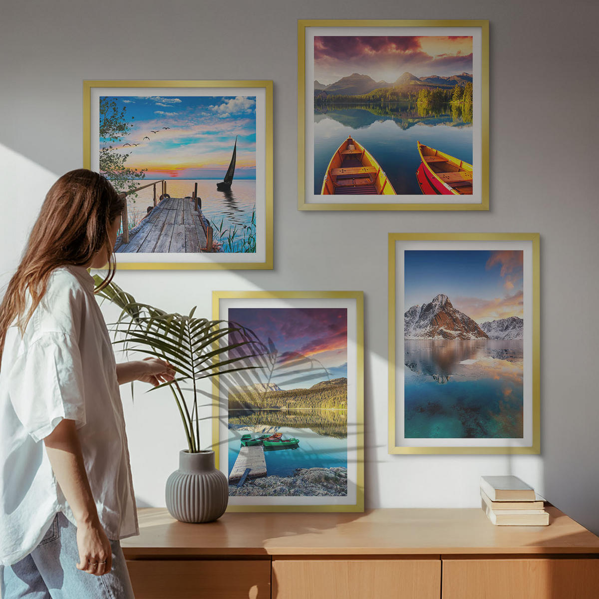 WANDBILDER 4er Set - 50x50 cm & 40x60 cm Goldrahmen - Seen- und Berglandschaft Łódź - Goldfarben, Kunststoff (50/50cm) - ArtPrintCave