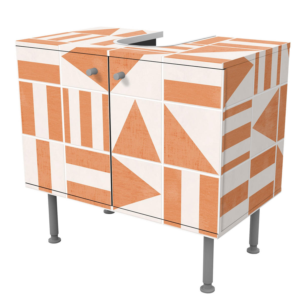 WASCHBECKENUNTERSCHRANK Fliesen mit geometrischen Formen Apricot Shabby 60/55/35 cm - Orange, Holzwerkstoff (60/55/35cm) - Bilderwelten