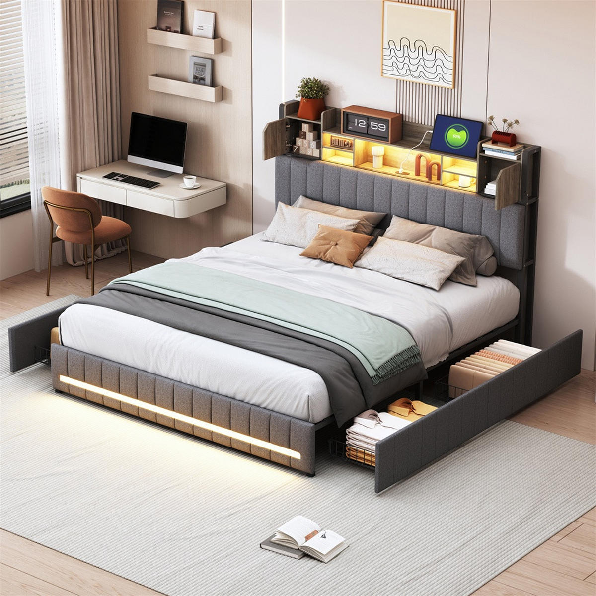 POLSTERBETT 140x200cm - Doppelbett 140x200cm mit Schubladen - RGB-LED-Beleuchtung - ohne Matratze - Grau - Grau, Textil (140/200cm) - DELFA