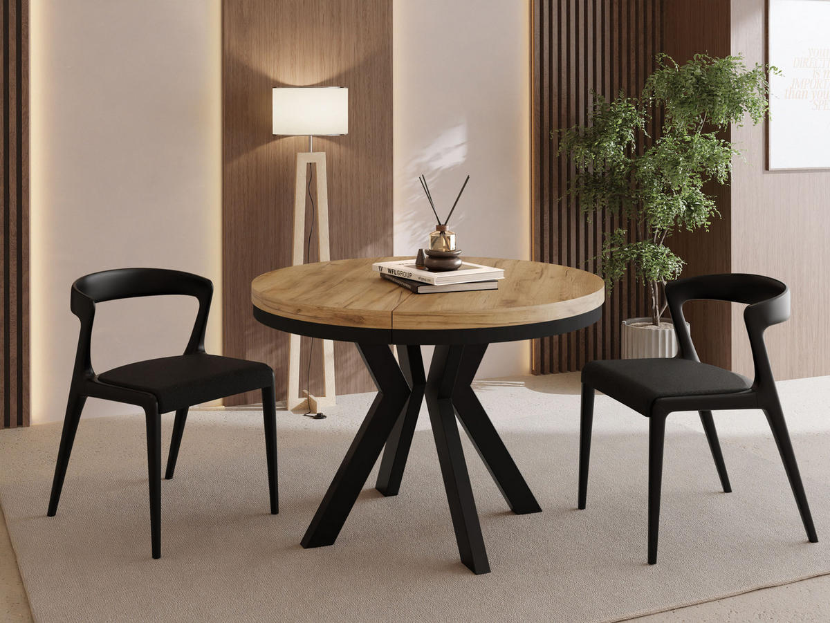 ESSTISCH Savio Neo rund ausziehbar verlängerbar, Eiche Braun 90-190/90/77 cm - Eiche Wotan/Schwarz, Holz/Holzwerkstoff (90/90/77cm) - WFL GROUP