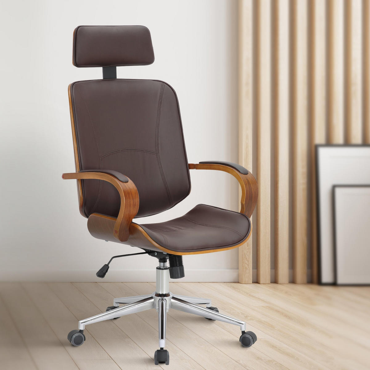 DREHSTUHL Lederlook Walnuss/Braun - Chromfarben/Walnussfarben, Textil/Metall (70/118/70cm) - CLP