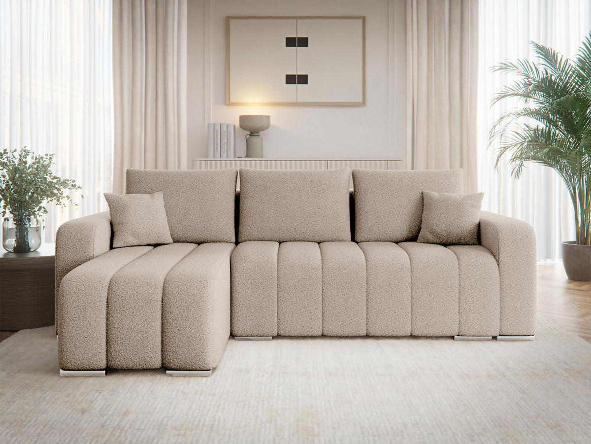 ECKSOFA Pufetto Boucle - Beige/Silberfarben, Holz/Textil (244/147cm) - MIRJAN24
