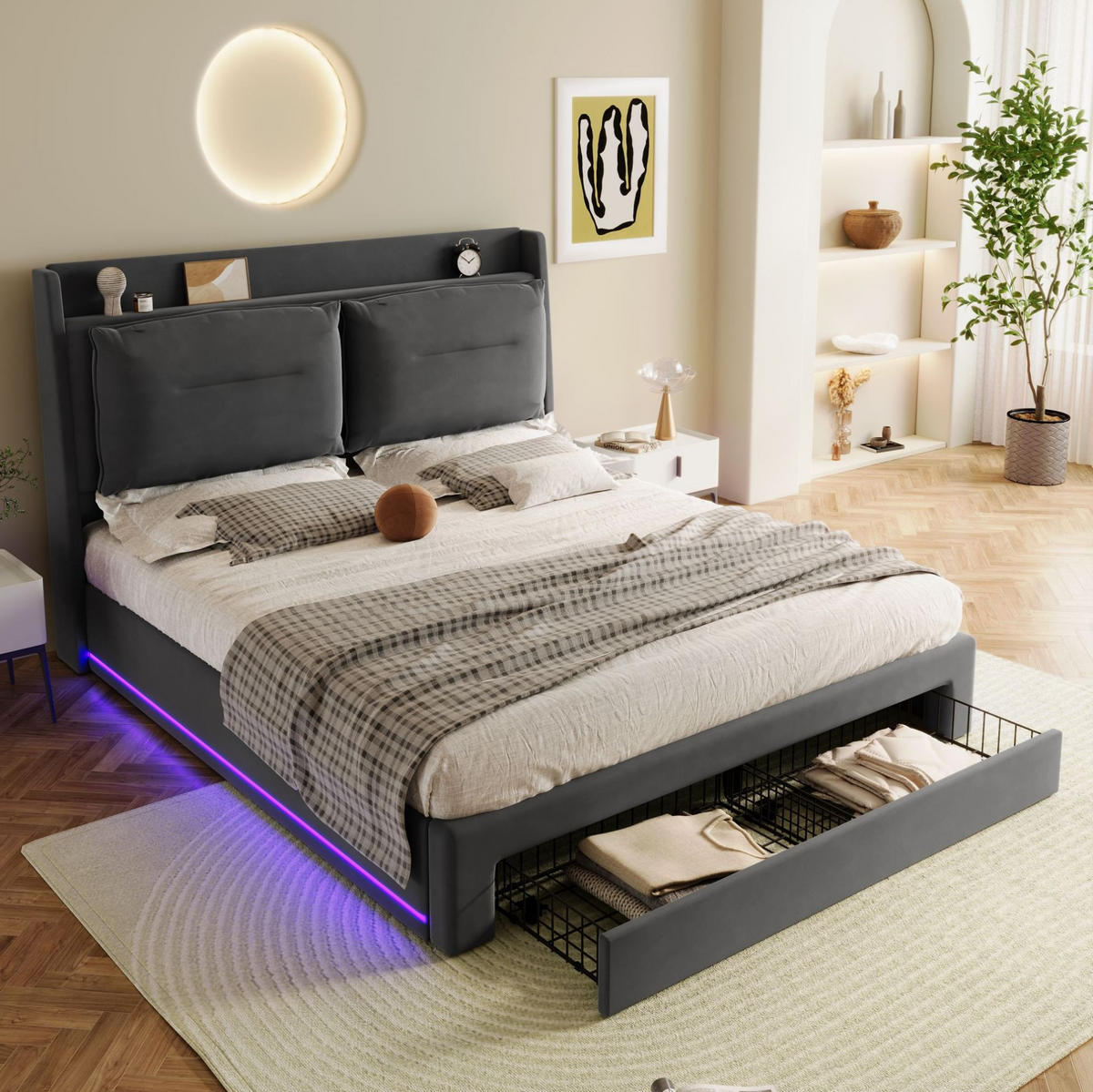POLSTERBETT mit LED-Beleuchtung 160/200 cm mit Bettkasten und Samtbezug - Dunkelgrau, Textil (160/200cm) - BEAOK